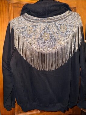 Oli & Hali Black Embellished Zip-Up Hoodie with Fringe Detailing NWOT